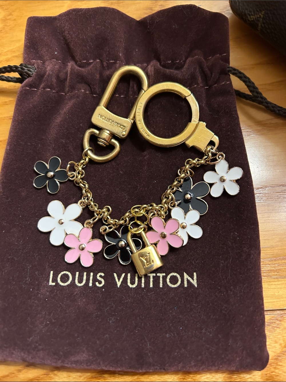 Louis Vuitton Gold-Tone Flower Charm Chain with Pink, Black & White Enamel